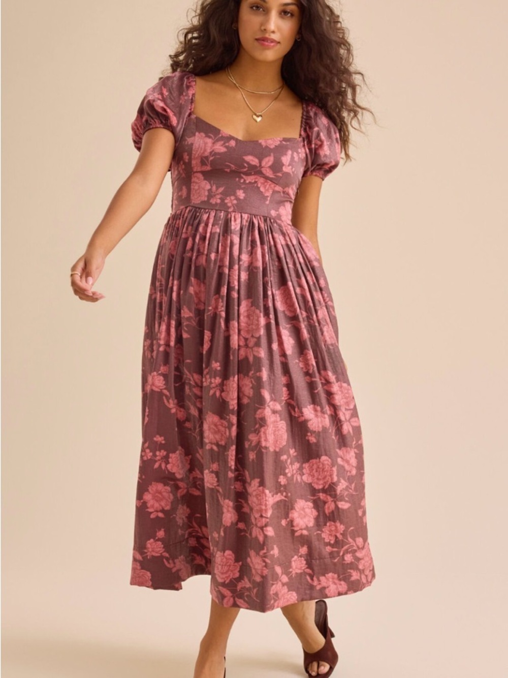 Altar'd State Mauve Rose Floral Puff-Sleeve Midi Dress